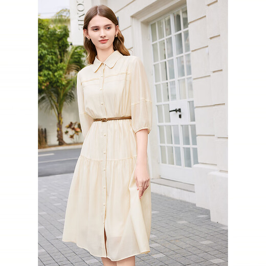Betu women's spring new dress retro loose French waist slim dress 2402T84 apricot L