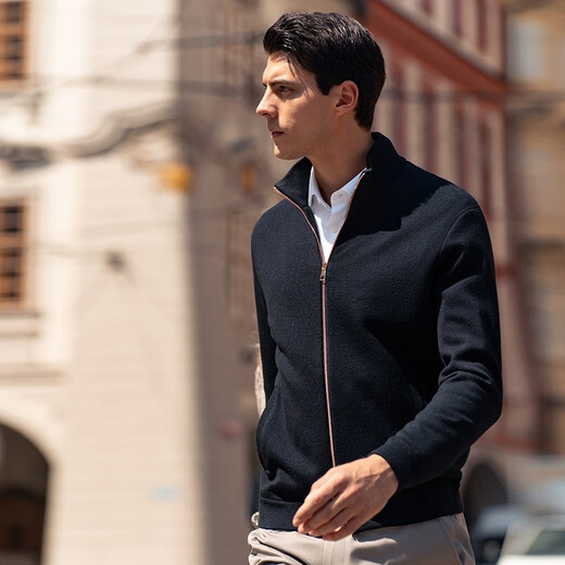 Mr. Bu Basulan wool zipper stand-up collar spring cardigan sweater men's sweater BT12128 piano black 2XL (185)