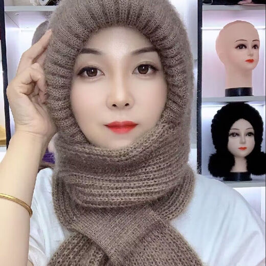 Changyin New Winter Knitted Snow Hat Cycling Warm Mom Fashionable Ear Protection Baotou Hat Women's Hat Scarf All-in-One Hat Elegant Camel