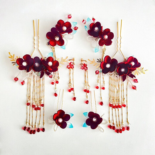 Haiyiduo wedding dress headdress bridal hair accessories set headband Korean fairy forest toasting clothing hair accessories Chinese dress accessories red velvet flower hairpin set