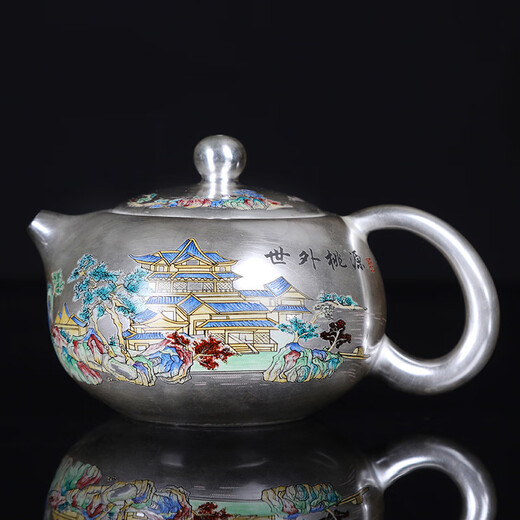 Jiaomingtang Chinese style 999 sterling silver tea set complete set with enamel color gift for elders leaders men high-end retired practical men 10 heads of paradise (silver teapot) - next day delivery