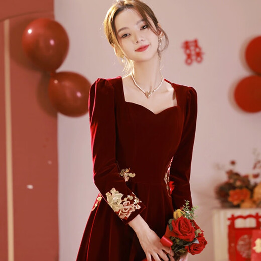 Li Baixin Toast Wear 2025 New Bride Red Wedding High-End Engagement Dress Long-Sleeved French High-Quality Women Autumn and Winter Burgundy M