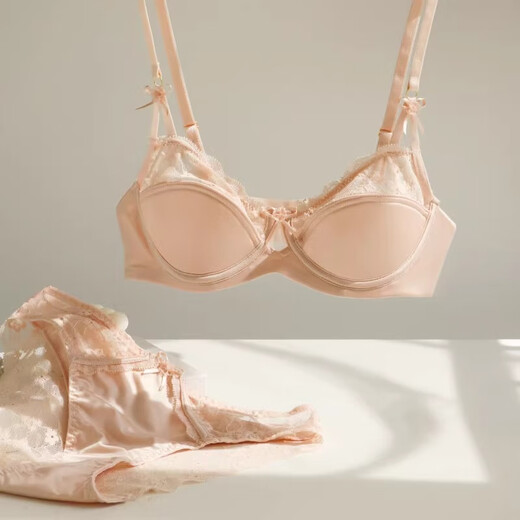Carey Kay French underwear women's thin large breasts show small breasts push-up half cup sexy French lace low-cut bra set sweet pink set (bra + panties) 36/80B