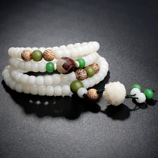 Shi Yue Jewelry Burmese White Jade Bodhi Root Wood Bracelet Lotus Wenwan 108 Buddha Rosary Beads Necklace for Men and Women 8x6mm