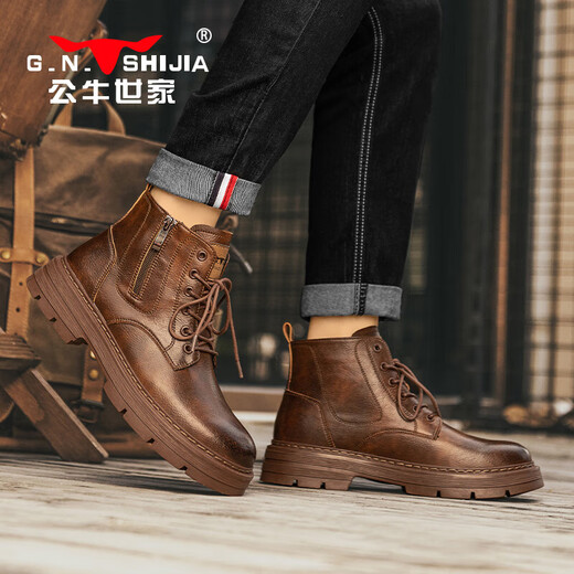 Bull Familie Martin Boots Herren echte Leder Herbst und Winter High-Top British Style Old Retro Work Boots Herren Red Brown 43