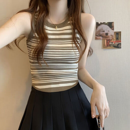 柒十念条纹针织吊带背心女夏季外穿年新款无袖修身纯欲内搭打底上衣 20155白条 均码 (70-125斤可穿)