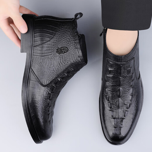 
Old man's winter new crocodile pattern plus velvet warm Martin boots men's outdoor trendy high-end soft-soled genuine leather comfortable snow boots black (single shoes) 1585 39