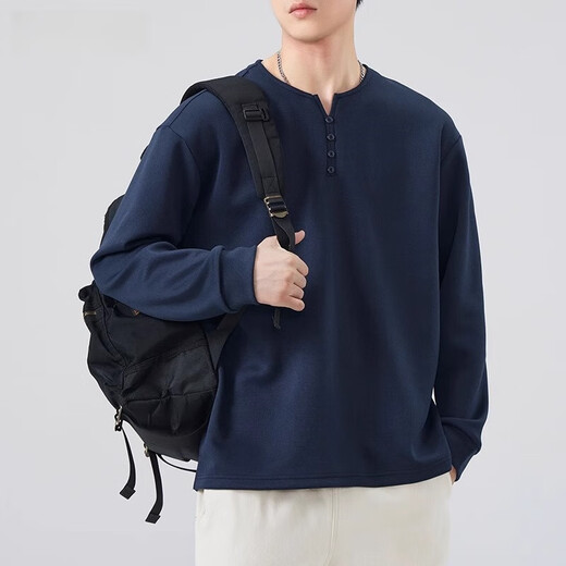 Jeanswest 2025 Henry collar black men's long-sleeved T-shirt autumn and winter tops autumn and winter sweatshirt men's inner layering shirt men black M