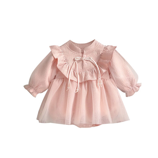 GOOFLORON baby girl's one-year-old dress, one-month-old baby princess dress for 0-6 months, one-year-old birthday dress, spring and autumn single-piece apricot-colored dress 66 cm