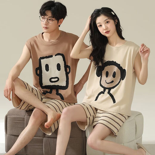 Arctic Velvet (Bejirog) reines Baumwollpajamas ein Mann und eine Frau Sommerweste ärmellose Cartoon lässig Sommerdünn Home -Kleidung Set 723 Paar [reines Baumwoll] Weibliche xxl + männlich 3xl