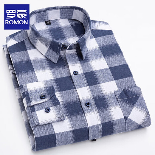 罗蒙（ROMON）全棉磨毛格子男士长袖衬衫休闲百搭中年爸爸装纯棉衬衣加大码外套 亮宝蓝色 R2-866 39【适合125斤左右】