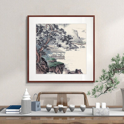 Original beauty ink landscape painting Zen hanging painting study tea room decoration painting new Chinese style living room wall painting landscape mural entrance hall D with frame size 40*40cm mahogany color frame