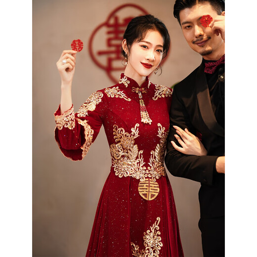 Ai Feilin new Chinese toasting dress cheongsam 2025 new burgundy Xiuhe dress bride wedding long-sleeved high waist slimming belly covering light Xiuhe dress 80 M