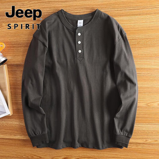 Jeep (JEEP) Extra Large Size Jin Jin is equal to 0.5 kg Heavy Cotton Henley Collar Shirt Men's Long Sleeve Thickened Loose Autumn and Winter Bottoming Henley Shirt Iron Gray 4XL 240-300 Jin Jin is equal to 0.5 kg