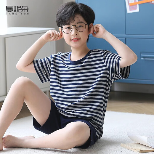 曼妮朵男童睡衣夏季新款短袖男孩纯棉儿童大童全棉薄款青少年家居服套装 N6621【双短】 165 L码建议160-165cm