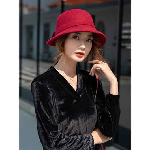 JIASHENGXI wool fisherman hat British hat women's autumn and winter versatile elegant basin hat fashion socialite Hepburn small brim French hat brick red adjustable