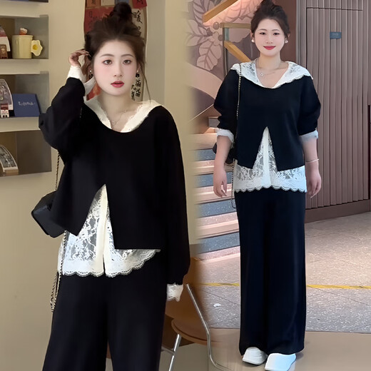 Fantan fat mm three-piece set spring and autumn plus size women's loose belly-covering sweatshirt lace top wide-leg pants suit for women black top + lace bottoming + casual pants (three-piece set) 3XL - recommended 160-190Jin Jin is equal to 0.5 kg