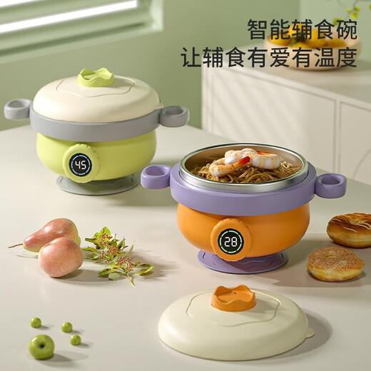 爱帛哆（AIBODUO）宝宝辅食保温碗婴儿专用碗316防摔防烫儿童餐具恒温幼儿注水保温 [升级款显温度]紫色+训练勺叉