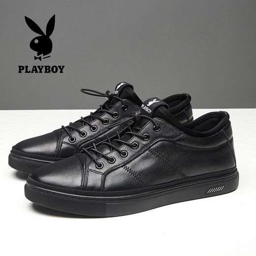 Playboy casual leather shoes men's new lightweight breathable first layer cowhide sneakers soft sole soft surface wear-resistant elastic band men's single shoes black 40