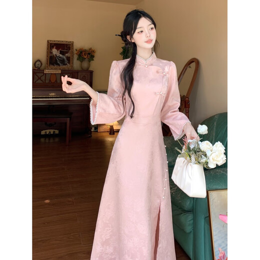 Zhi Li Guan Improved Flag New Chinese Style Light National Style Long Sleeve Dress Women's 2024 Autumn and Winter New Young Temperament Robe Daily Wear Pink Large Size XL