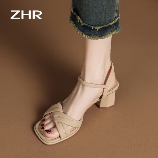 
ZHR Sandals for women in summer elegant one-length strap thick heels for women gentle solid color high heels for women Y683 apricot color 39
