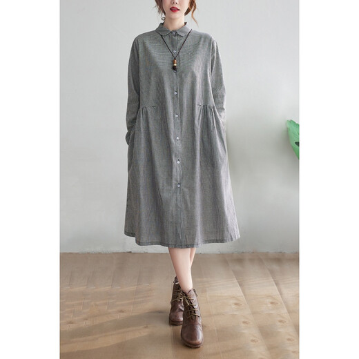 简当（JIANDANG）【清】春季胖MM加大码女装格子衬衫裙宽松中长款长袖连衣裙9855 蓝格 大码M【95-115斤】