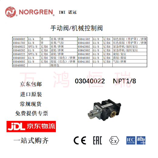 NORGREN manual valve/mechanical control valve 030 series IMI Norgren 03040022 plunger/spring NPT1/8