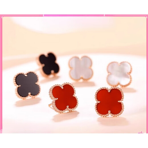 18k gold earrings four-leaf clover 18K gold rose gold women's AU750 color gold earrings red agate mother 13mm yellow l gold white mother-of-pearl earrings gift box + certificate