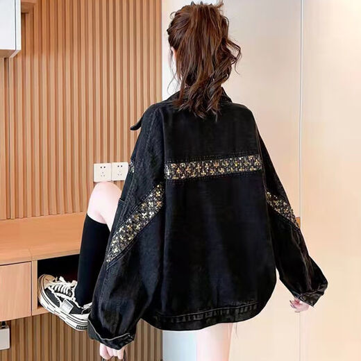 Jaqueta de mezclilla negra inteligente para mujeres 2025 Spring y otoño Nuevo diseño Retro Hong Kong Estudiante Corea de mezclilla Corea de mezclilla 9926# Estilo de imagen [negro] L [sugerido 111-125Jin [Jin es igual a 0.5 kg]]]