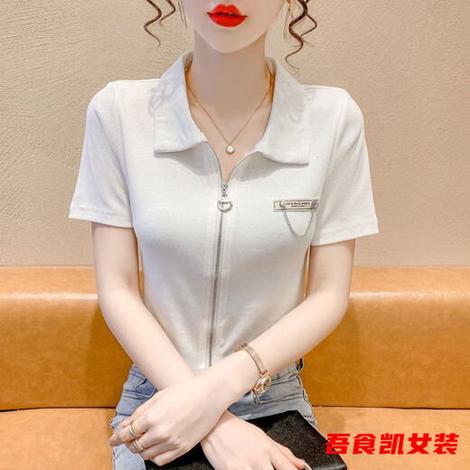 Yan Xunmo short-sleeved new summer zipper cardigan Polo neck T-shirt design niche high-waist short top for women white M [85~100Jin[Jin equals 0.5 kg]]