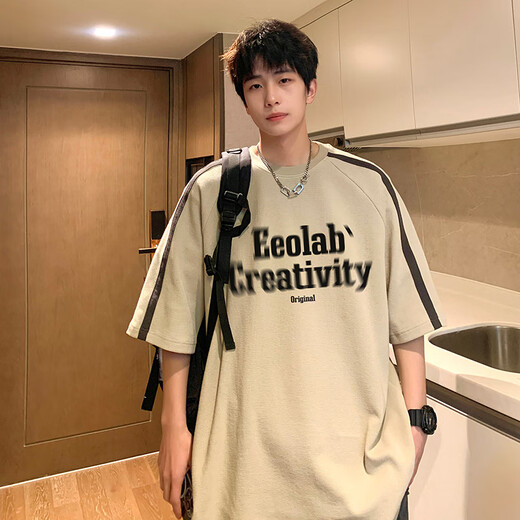 OEMG 美式复古短袖t恤男夏季新款潮流牌青少年五分袖上衣服宽松休闲衫 杏色 2XL [建议140-160斤]