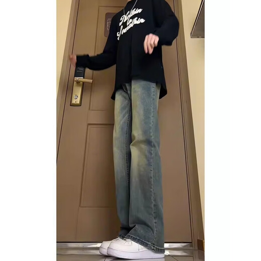 莫小刀复古蓝牛仔裤男春夏季新款微喇叭裤垂坠感休闲直筒美式裤子男高街 水泥灰T1697 XL 建议120-140斤