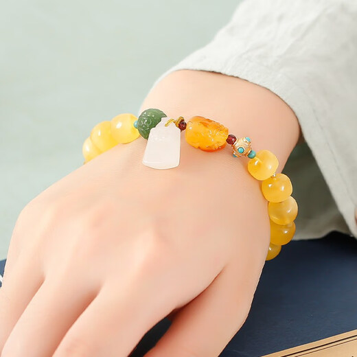 Longyin Natural Beeswax Bracelet Men's Pixiu Amber Bracelet Women's Gold Twist Honey Buddha Beads Rosary Bucket Beads Birthday Gift YJ 8*9mm Bucket Beads White Jade Style