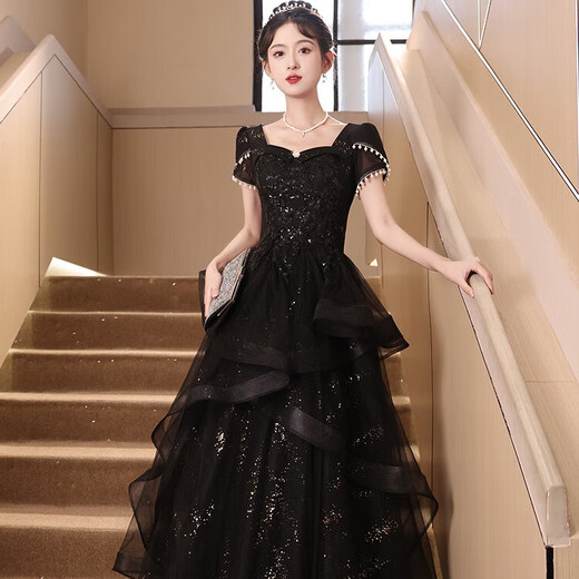 Li Baixin black evening dress 2025 new banquet light luxury niche high-end host graduation adult ceremony performance dress black M recommended 90-100Jin Jin equals 0.5 kg