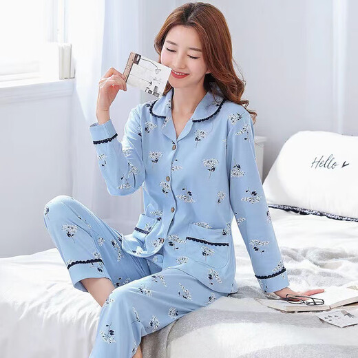 俏丽雅（qiaoliya）睡衣女春秋季纯棉长袖套装中老年妈妈加大薄款可外穿家居 854 XL 120-140斤