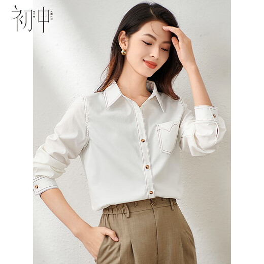 Chu Shen Primavera y otoño Camisa de manga larga Mujer Contraste Color Topstitch Diseño Nicho Casual Desplazamientos Camisa blanca Top S143C2019