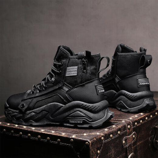 西域骆驼马丁靴男高帮男鞋加绒透气户外时尚运动厚底沙漠作战训靴工装短靴 黑色 41