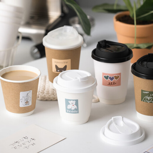 Lishi disposable milk tea cup coffee cup disposable thickened kraft paper cup milk tea soy milk hollow double layer hot and cold 400ml cowhide double layer cup + black lid + sticker 100 pieces
