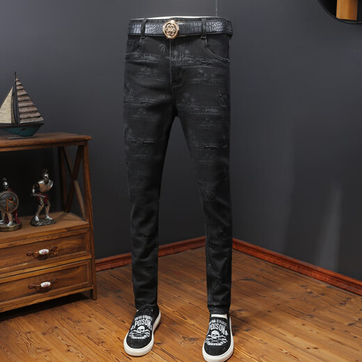 Mr. Guans Herbst- und Winter-Trendy-Jeans für die einfache schwarze Stretch-Hose von Männern schlanke schlankere Hose 2024 Herrenhosen 9898 Black 32