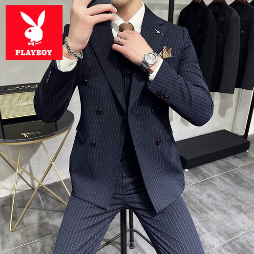 
Playboy (PLAYBOY) Customized Double Breasted Striped Suit Set Men's Groom Wedding Suit Business Casual Slim Suit Men X Navy Suit + Shirt + Trousers XL Size (Brobe + Brooch + Pocket Scarf)