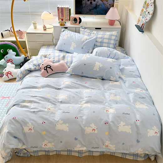 Arctic velvet 2023 new cotton four-piece set pure cotton quilt cover bed sheet cartoon college dormitory bed three set rabbit blue ribbon rabbit ins cute small fresh bedding sheet set 0.9m bed student three-piece set/suitable