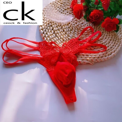 CEOCK【CK大牌】男士感免脱镂空丁字裤无痕细带夫妻诱惑蝴蝶刺绣t 型裤 红色一条装 均码100.-130斤