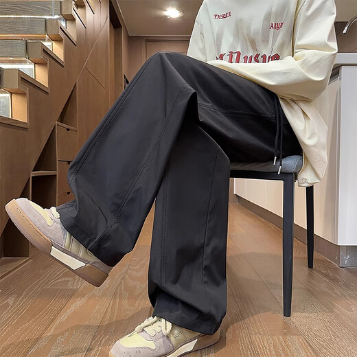FOG SKY美式斜切裤子男春秋季2024新款潮牌宽松直筒裤青少年户外男装长裤 YY-1105黑色 常规 XL (建议135-150斤)