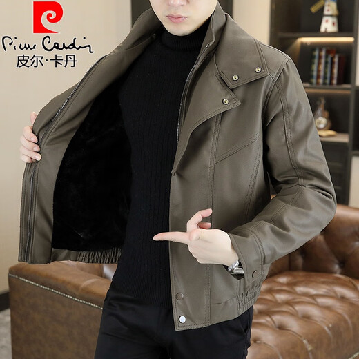 皮尔卡丹（pierre cardin）冬季加绒皮衣男痞帅个性西装领假两件感皮夹克防风机车服外套 卡其/ 加绒 L 90-110斤左右