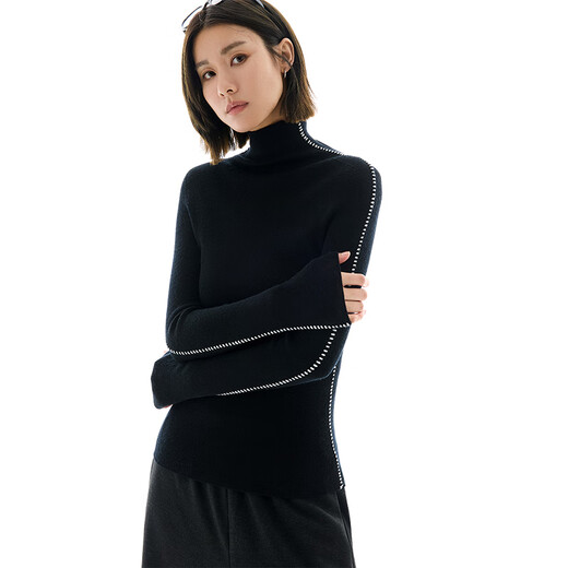 Yunshang Life [vinyl base shirt] 100% wool seamless integrated slim sweater top 2024 winter Z9926 black 48 3-strand 100% wool M