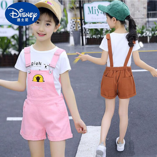
Disney Girls Summer Strap Shorts Set 4-12 Years Old Medium-Grand Children Short Sleeve Overalls Two-Piece Set Pure Cotton Fashionable Pink 120