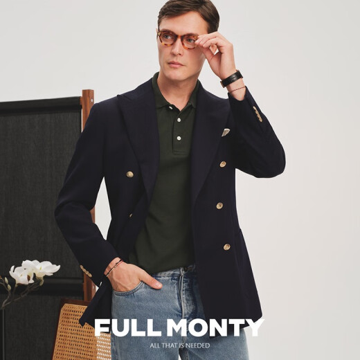 FULL MONTY海军蓝布雷泽休闲西装外套男士纯羊毛西服轻商务单西 双排金扣6691 48