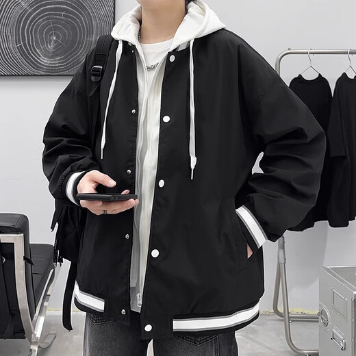 NASA BASE jacket men's spring and autumn 2025 new men's work clothes fake two-piece hooded loose casual versatile baseball uniform black XL 125-155Jin Jin equals 0.5 kg