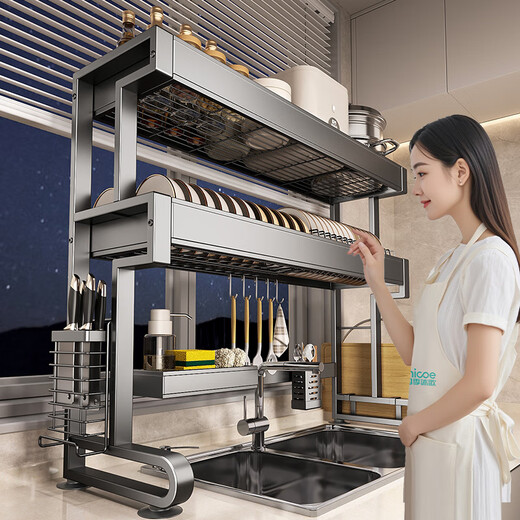 Four Seasons Muge 304 Stainless Steel Kitchen Sink Rack Dishes Utensils Dish Rack Drain Rack Retractable Pool Storage Rack Yahei Double Layer 86cm Long Set