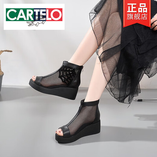 卡帝乐鳄鱼（CARTELO）凉鞋女春夏季新款皮面网纱镂空透气鱼嘴鞋中坡跟裸靴厚底增高网鞋 黑色 37